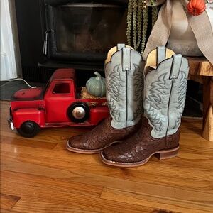 Justin Boots Antique Brown and Blue Cowboy Boots